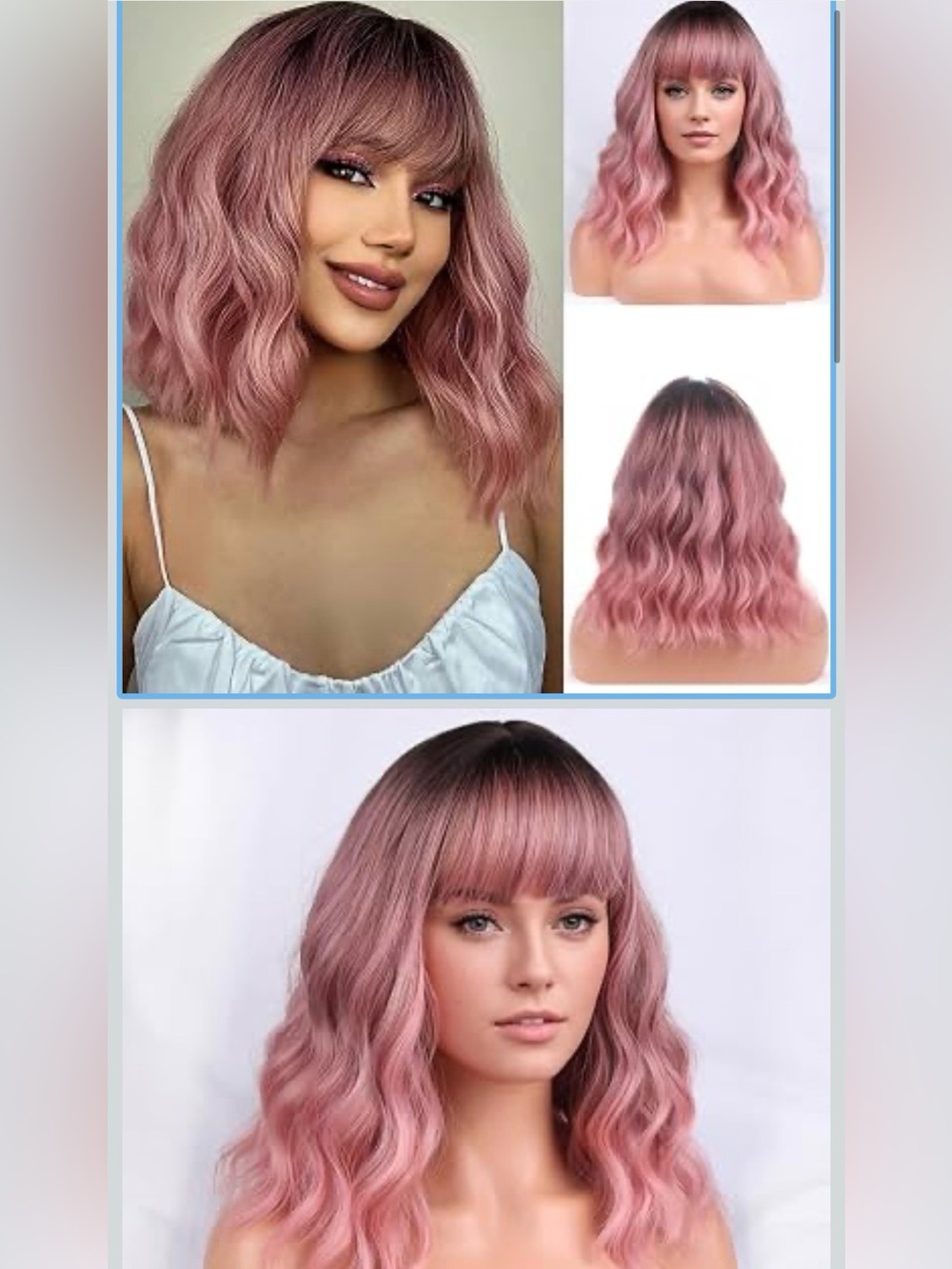 Rose Pink Wavy Women's Wig with Bangs